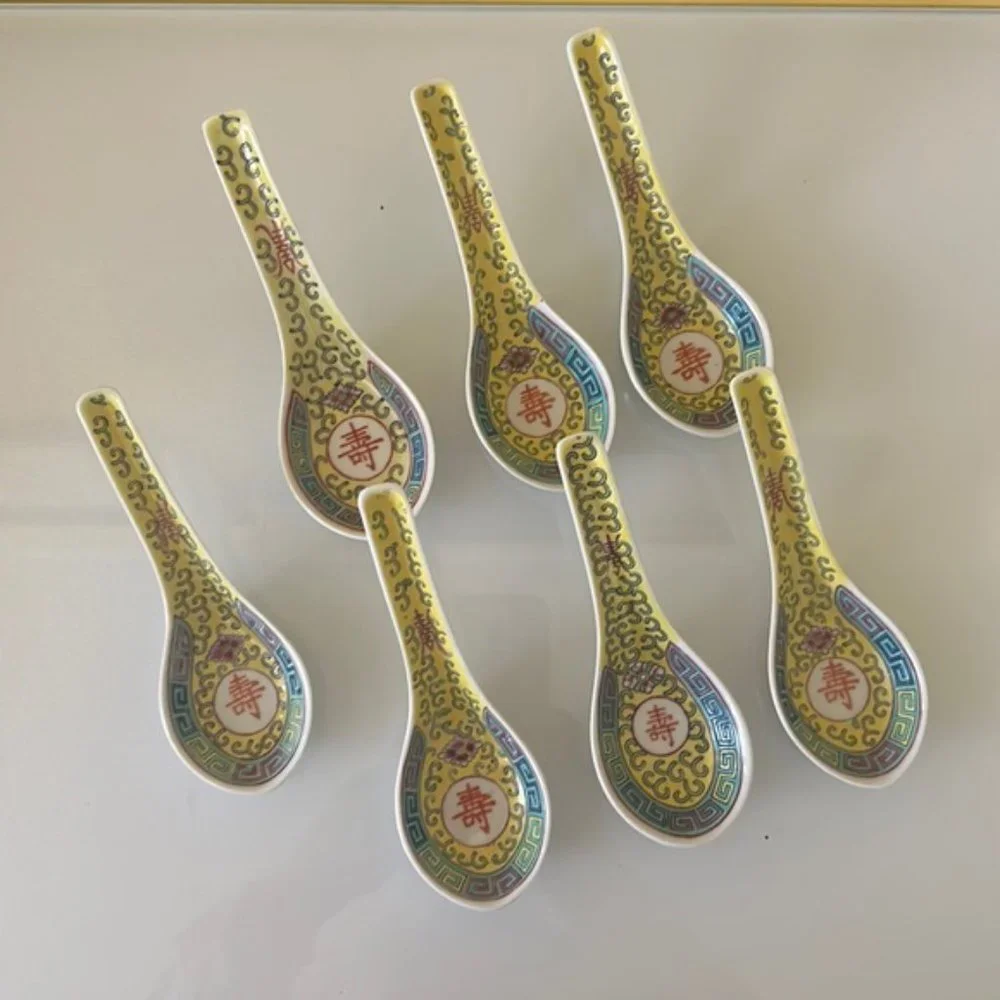 China Jingdezhen Wanshou Porcelain Soup Spoons Yellow Hand Painted Set of 7